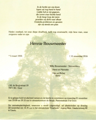 Overlijdensbericht Hennie Bouwmeester